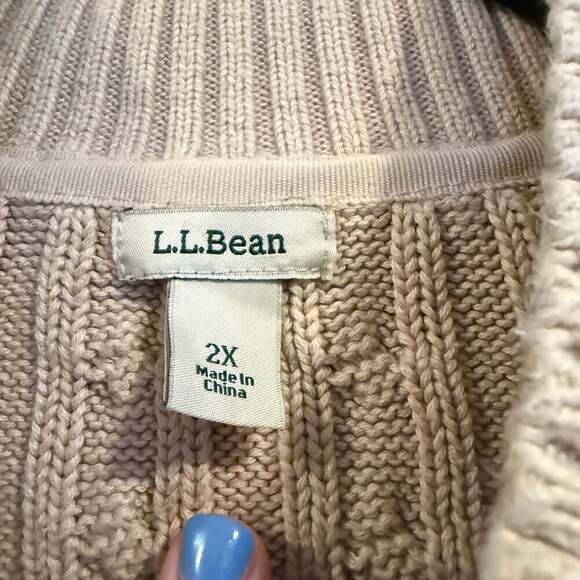 L.L. Bean Women’s 2X Cable Knit Zip Up Cardigan Sweater 100% Cotton Beige - Picture 2 of 5